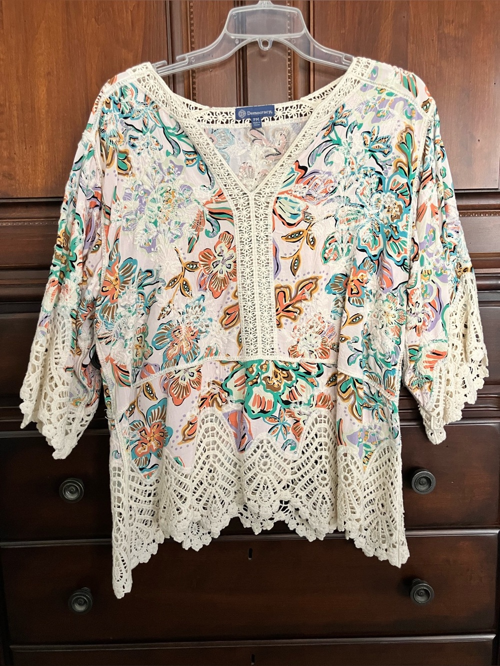 Embroidered Democracy crochet lace trimmed top MP